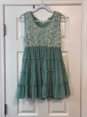 Pretty Angel Sage Green Floral Pearl Embellished Tiered Dress Small Boho